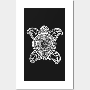 Pasifika Turtle - white on black Posters and Art